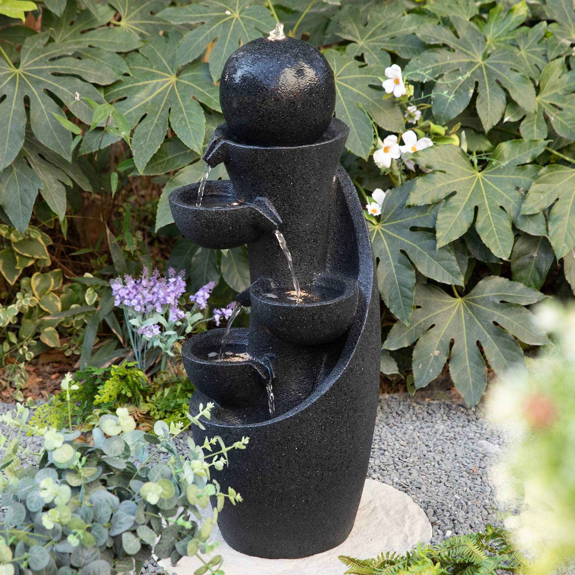 Glitzhome® 33.5" Modern LED 5-Tier Bowl and Sphere Polyresin Outdoor Fountain